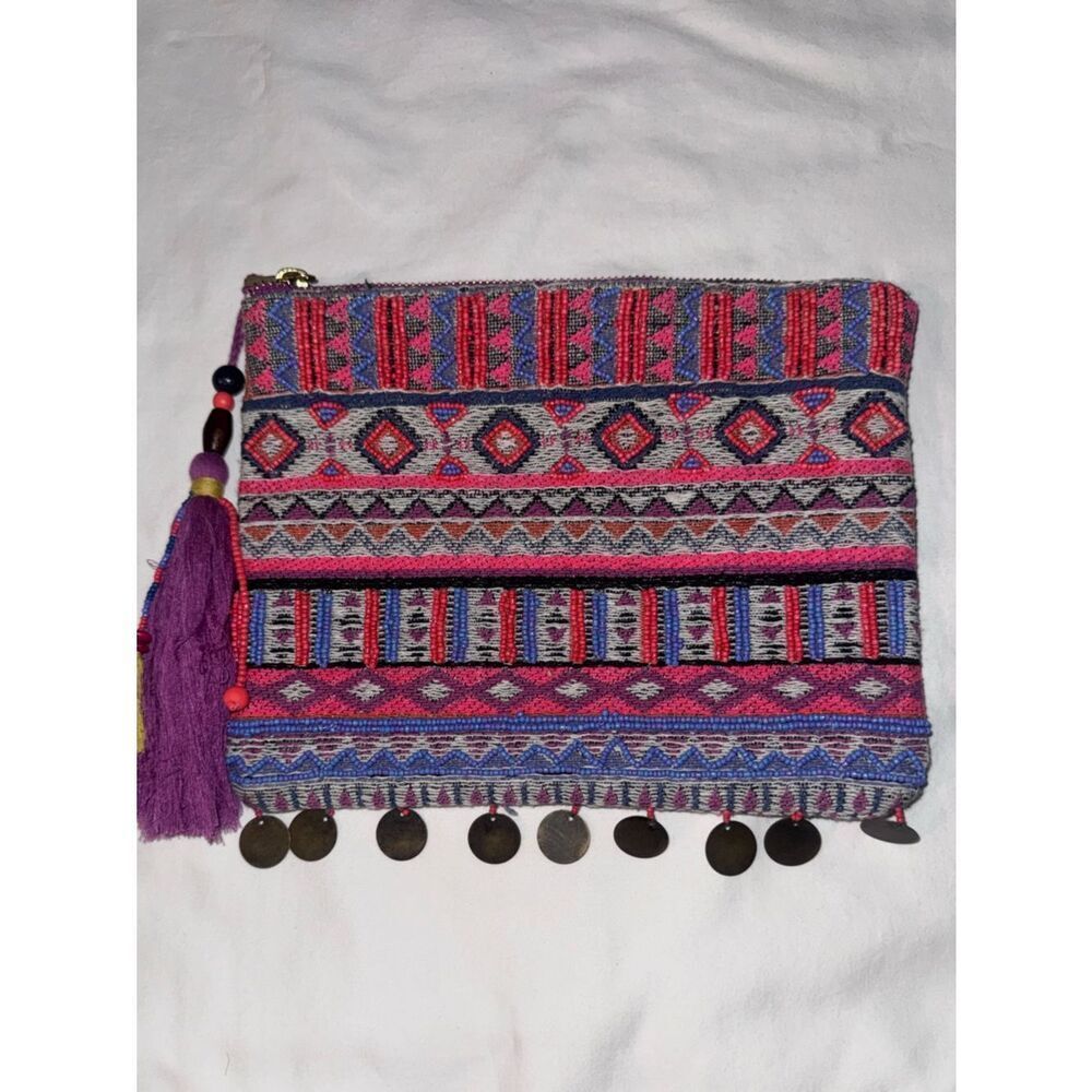 Merona Southwestern Beaded Tapestry Zippered Clutch Bag with Tassel and Coins